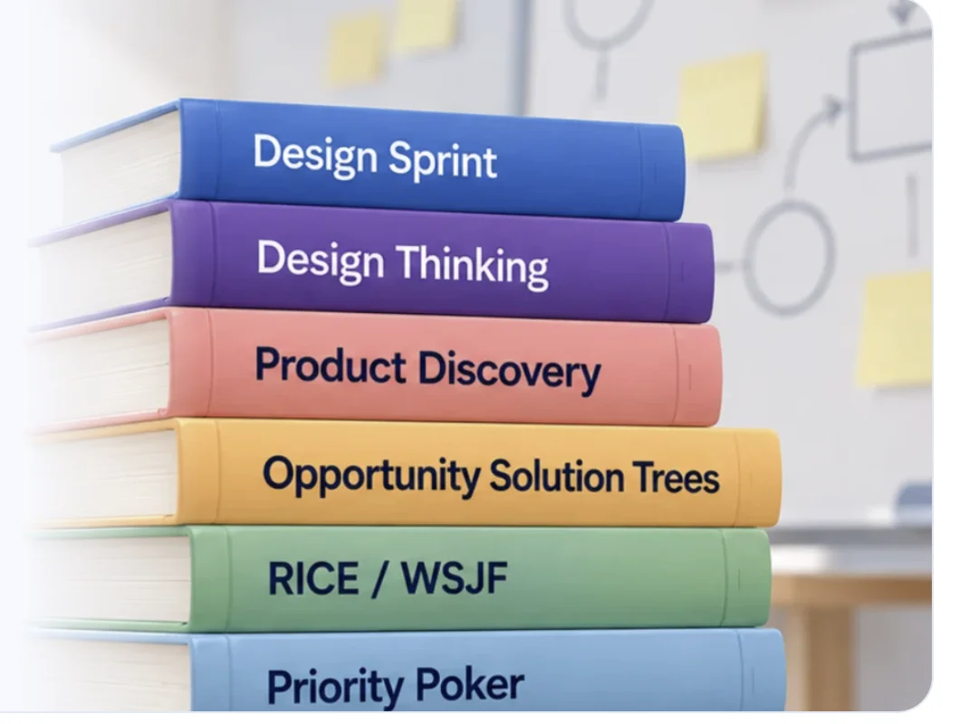 A stack of books showing product decision methodologies